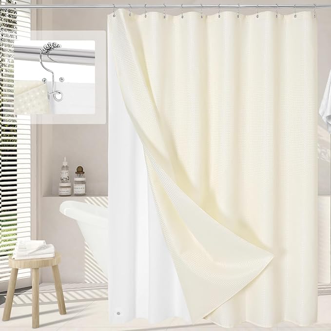 Craidlela 3 in 1 Shower Curtain Set, Cream Waffle Shower Curtain and PEVA Liner Set with 12 Stainless Steel Shower Curtain Hooks, Ivory Waterproof Fabric Shower Curtains for Bathroom, 72 W x 72 H