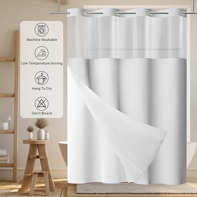 GICDSU No Hook Shower Curtain with Snap in Liner, Waffle Shower Curtain Set for Bathroom, Hotel Style with Semi-Sheer Top Window, Waterproof & Washable, Light Grey, 71" W x 86" L