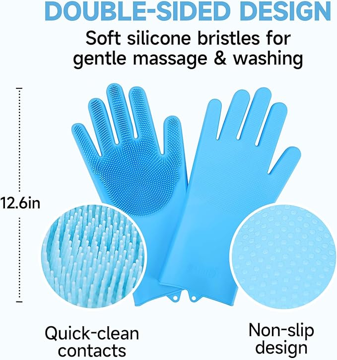 KUEIOX Dog Washing Gloves - Quick Drying Dog Towel,Cat Bath Grooming Gloves Brush with High-Density Teeth for Bathing Massaging，Absorbent Pet Bath Towel 30.3"x13.8" with Hand Pocket for Dog Cat Blue