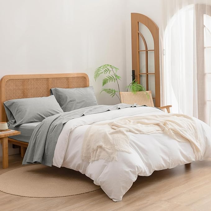 BESTOUCH Sheet Set 100% Washed Cotton Linen Feel Super Soft Comfortable Chic Lightweight 4 Pcs Home Bedding Set Solid Light Grey Queen