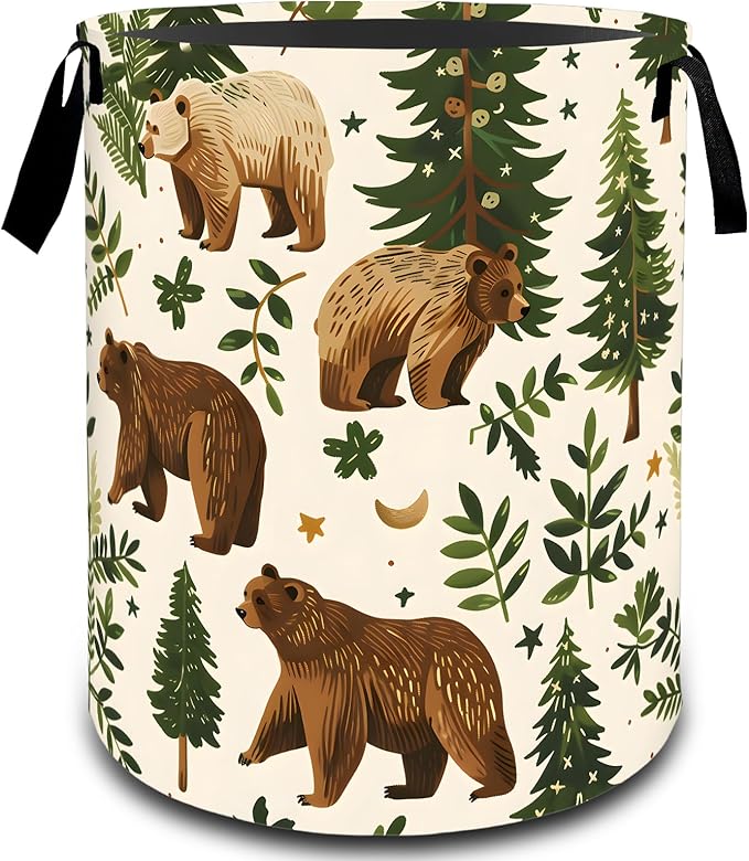VODRM Woodland Bear Forest Laundry Basket, Dirty Collapsible Clothes Toy Organizer Hamper for Kids Adults, Oxford Cloth Waterproof Storage Bin for Bedroom Bathroom Nature Decor Gifts, 19.7"X15.7"