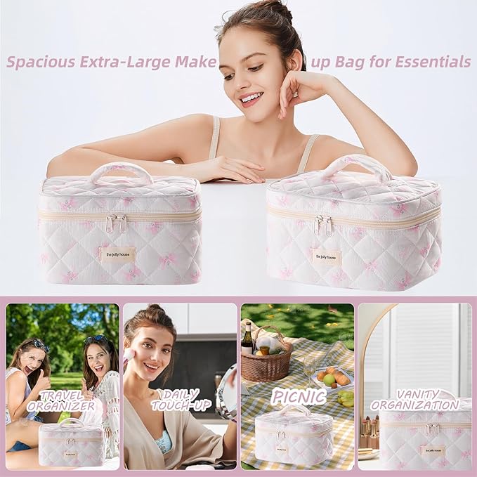 Quilted Makeup Bag, Large Capacity Travel Cosmetic Bag for Women and Girls, Aesthetic Storage for Daily and Travel (Pink Bow)