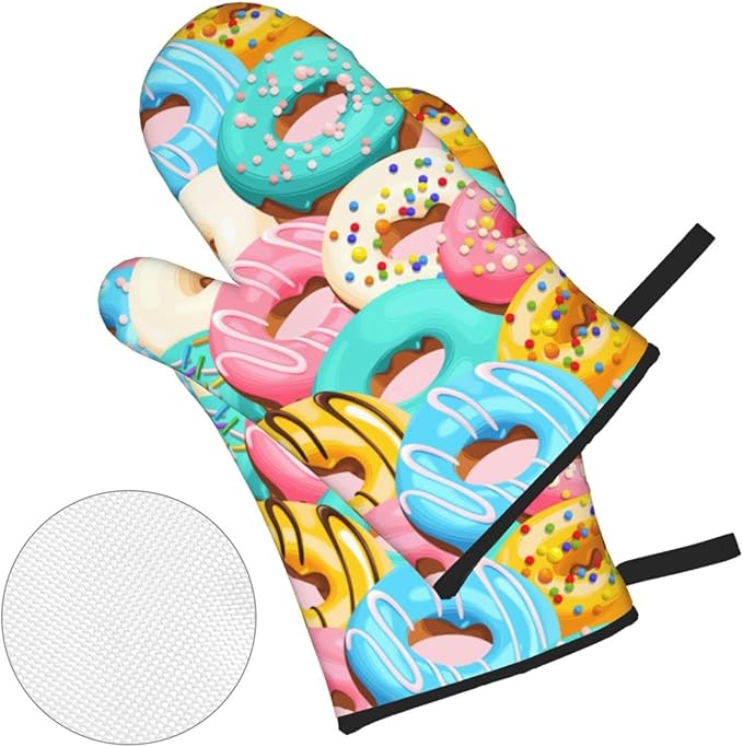 Cute Donut Doughnut Oven Mitts and Pot Holders Set of 4, Oven Mittens and Potholders Heat Resistant Gloves for Kitchen Cooking Baking Grilling BBQ