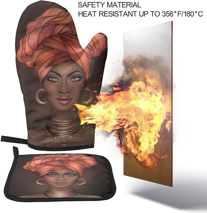 African American Black Woman Oven Mitts and Pot Holders Insulated Gloves & Kitchen Counter Safe Mats for Cooking BBQ Baking Grilling (2-Piece Set)