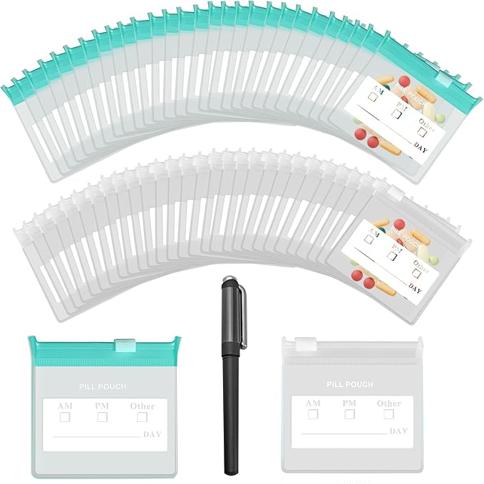 36 Packs Color Pill Pouch Bags 12mil 3 x 2.75 Inch bpa-Free, Frosted Clear EVA Materials, Heavy-Duty Thick Plastic Bags for Travel Medicine Organizer, Jewelry, Small Craft Pieces-Clear+Green