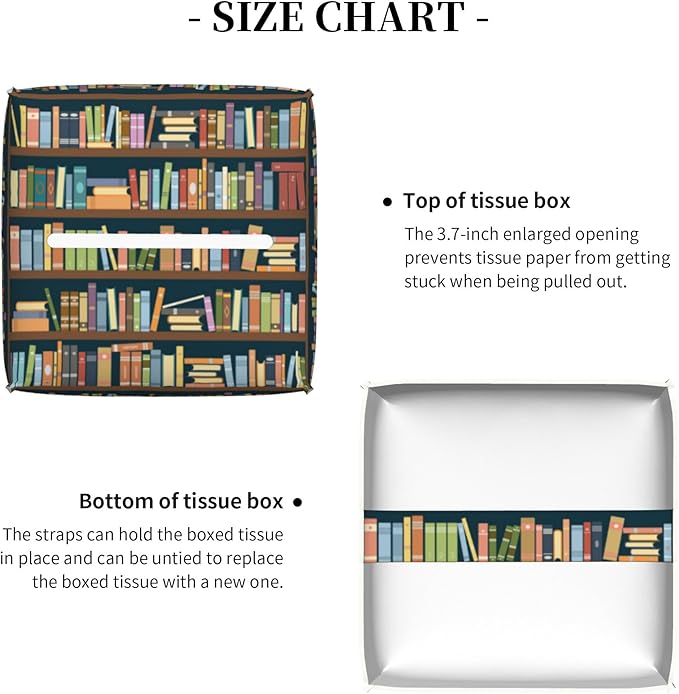 POIUBLE Tissue Box Holder Bookshelves Full of Books Tissue Box Cover Square Leather Tissue Holder Organizer Portable Decorative Facial Paper Case for Home Office Bathroom Vanity Countertop
