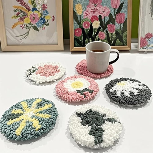 Allazone Punch Needle Kits, Punch Needle Coasters Kit, Punch Embroidery Kit with Felt Yarns Hoop Tools for DIY Coaster Crafts (Flowers)