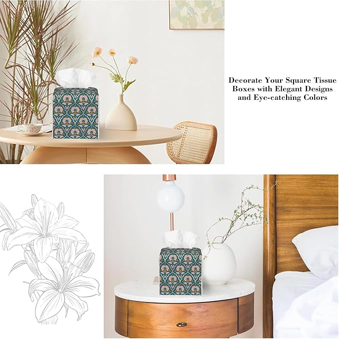 Vintage Colorful Boho Paisley Floral Tissue Box Cover Square Leather Tissue Holder Waterproof Facial Paper Organizer Dispenser Cube Paper Cover Case for Home Office Bathroom Vanity Countertop