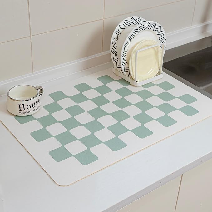 Large Dish Drying Mats for Kitchen Counter 24''x16'' Black Sage Beige Checkered Non-slip Coffee Espresso Accessories,Sage Checkered