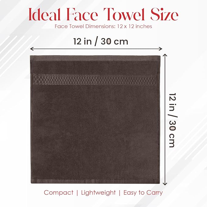 RIVERSIDE 12 Pack Premium 100% Cotton Face Wash Cloths, 12 x 12 Inches, Soft & Absorbent Face Towels for Bathroom Wash Clothes, 550 GSM, Luxury WashCloths for Showering, Body, Spa & Gym, Brown