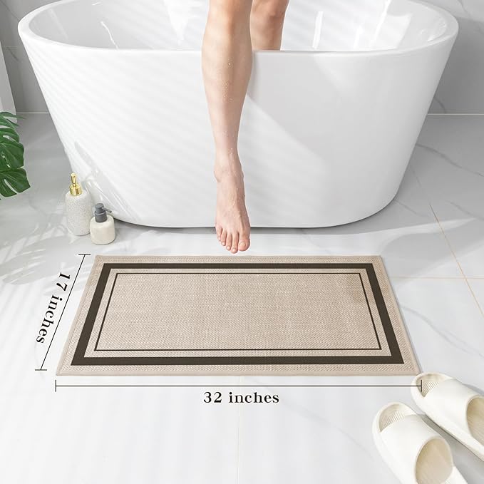 chakme Bathroom Rugs Mat 32x17, Ultra Thin Non Slip Bath Mat Quick Dry Absorbent Bath Mat for Bathroom Floor, (Light Beige, 32"x17")