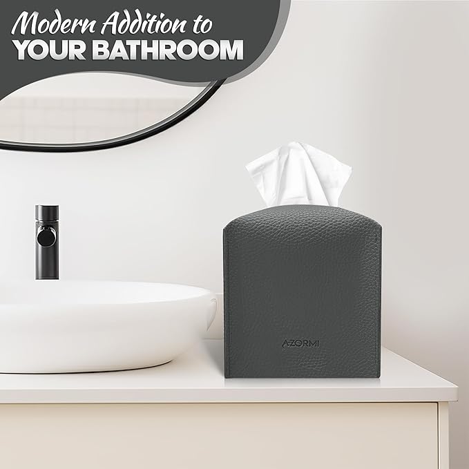 Tissue Box Cover Holder, PU Leather Tissue Box Cover Square with Bottom Belt, Cube Tissue Holder for Bathroom, Modern Organizer for Car, Office, Tabletop (Charcoal, 14 Leather Patterns)