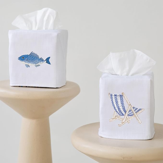 Jacaranda Living Square Tissue Box Cover, Linen/Cotton Fabric Tissue Holder, Decorative Cloth Tissue Cube Cover, Coastal Designs Deck Chair (Blue)