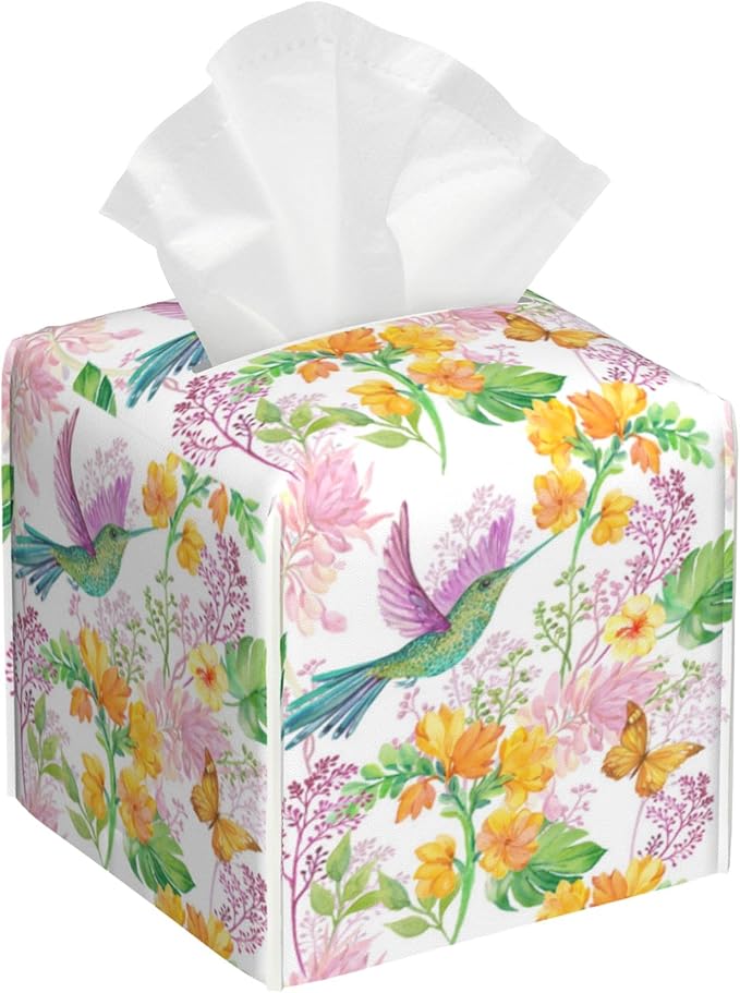 POIUBLE Tissue Box Holder Hummingbird and Flower Tissue Box Cover Butterfly Square Leather Tissue Holder Organizer Portable Decorative Facial Paper Case for Home Office Bathroom Vanity Countertop