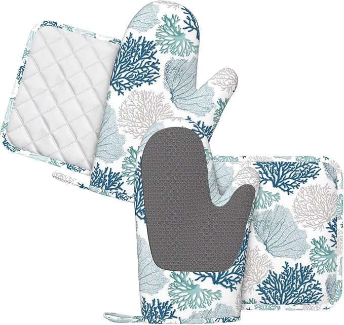 Nautical Blue Coral Oven Mitts and Pot Holders Set, 4pcs Silicone Coastal Teal Beige Coral Oven Glove for Kitchen Heat Resistant Beach Ocean Oven Mitts and Non-Slip Potholders Grey Blue
