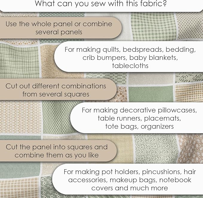 Cotton Satin Patchwork Fabric Panel – 35 Designs, 20×20 cm Squares, Single Piece 150×110 cm, Sage Green & Beige Patchwork Quilt Fabric (Meadow Breeze Patchwork Set, 35pcs 8x8 inch)