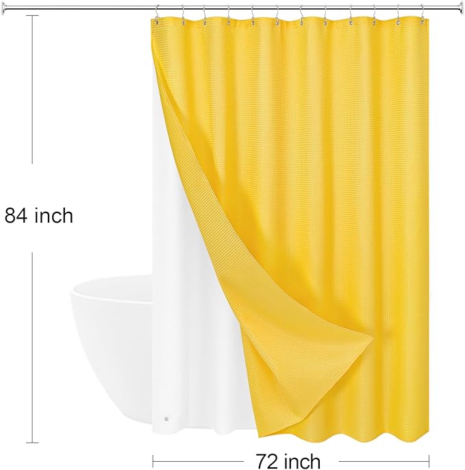 Craidlela 3 in 1 Extra Long Yellow Shower Curtain Set-72 W x 84 H, Modern Waffle and PEVA Liner Set with 12 Stainless Steel Hooks, Waterproof Fabric for Bathroom