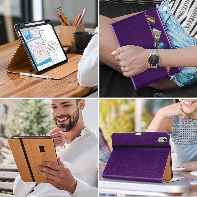 DTTO for iPad (A16) 11th Generation Case 11 Inch 2025, iPad 10th Generation Case 10.9 Inch 2022, Premium Leather Business Folio Stand Cover with Pencil Holder - Auto Wake/Sleep, Dark Purple
