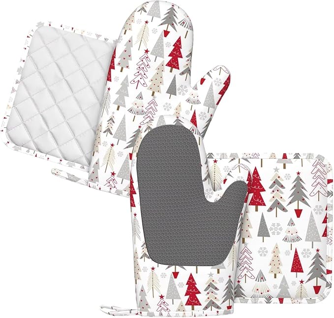 Christmas Tree Oven Mitts and Pot Holders Set, 4pcs Silicone Grey Beige Red Christmas Tree Oven Glove for Kitchen Heat Resistant Stars Snowflake Oven Mitts and Potholders Non-Slip for BBQ