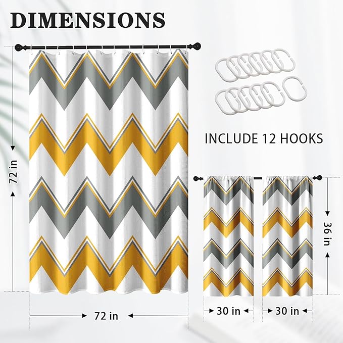 Culudea Chevron Striped Yellow Gray Modern Waffle Textured Cloth Shower Curtain Set, Zig Zag Wave Farmhouse Bathroom Window Waterproof Shower Curtains for Bathroom Decor