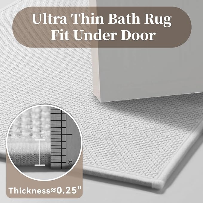 MontVoo Bath Mat Rug-Ultra Thin Non Slip Bath Mats for Bathroom Mat Quick Dry, Rubber Backing Washable Bathroom Rugs Fit Under Door, Absorbent Bath Rugs for Floor,17"x24",White