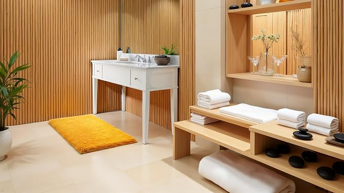 C23 Luxury Shag Bath Rug | 2200 GSM Ultra-Soft Plush Thick Bathroom Mat | 20"x32" Mustard Yellow High-Density Shaggy Rug | Non-Slip Natural Latex Back, Absorbent, Machine Washable, 1 Piece