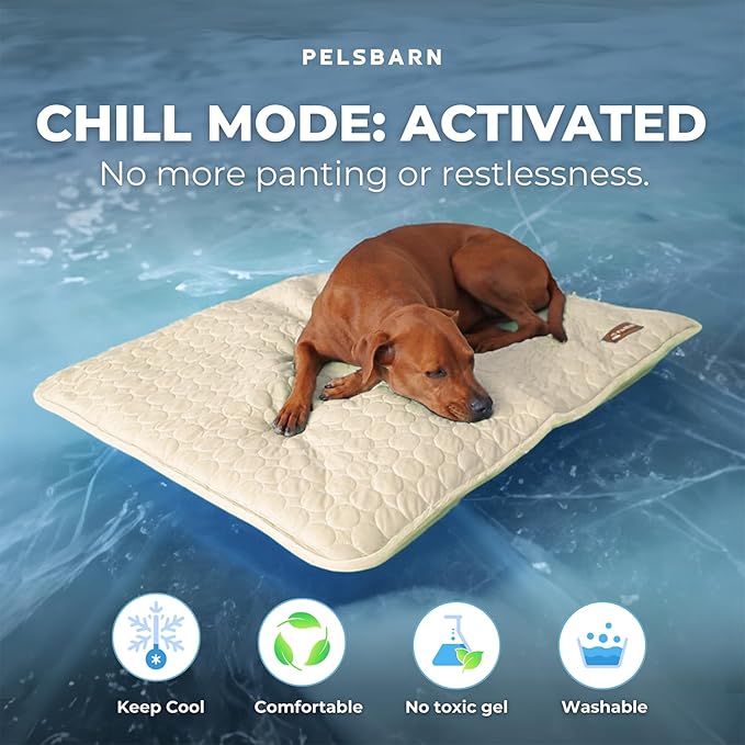 Pelsbarn Dog Cooling Mat- Ice Silk Summer Comfort, Self Cooling, Non-Slip Dog Pad, Durable & Washable, Mat for Small Dogs 18"" x 21"", Support Shelter Dogs with Every Purchase (Beige)