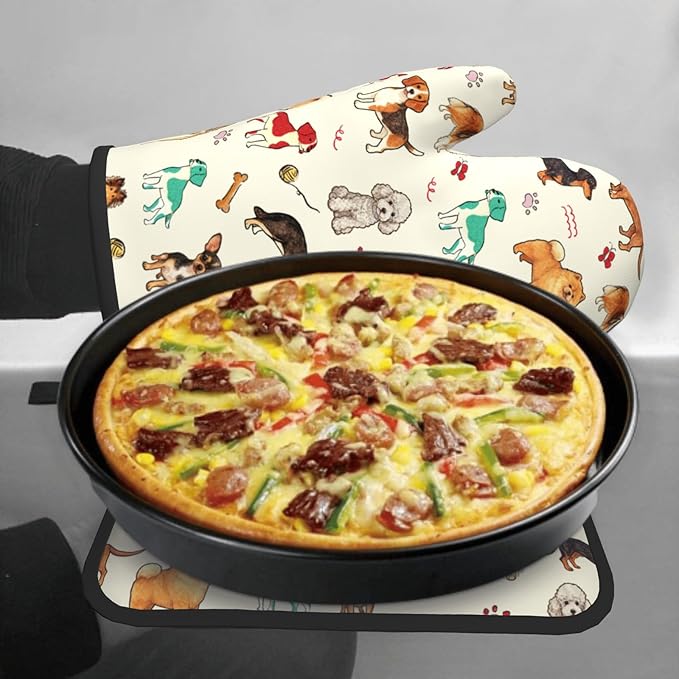 Dog Oven Mitts and Pot Holders Sets 2Pcs,Funny Oven Gloves Potholder Cute Animal Design Kitchen Mitt for Chef Cooking Baking Housewarming