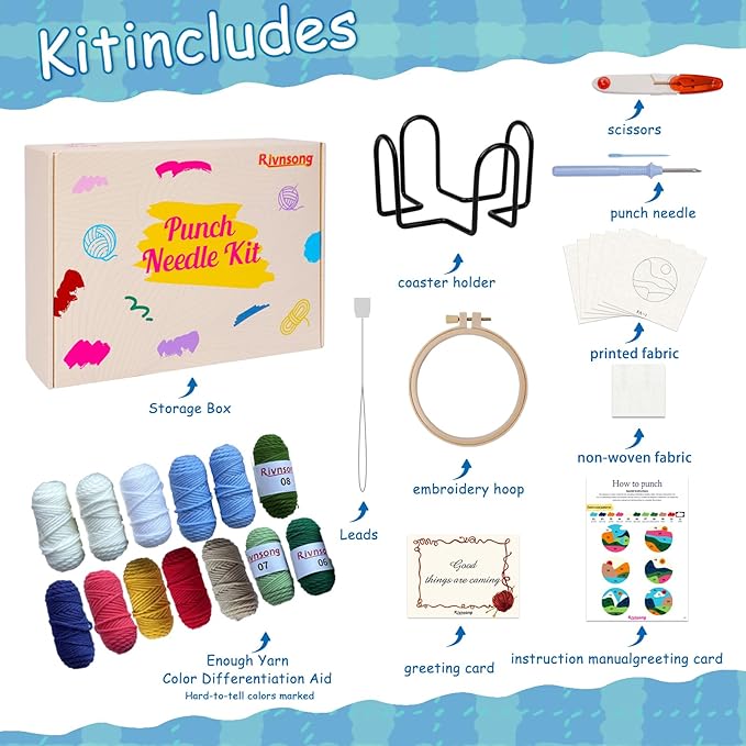 Rivnsong Punch Needle Kit for Beginners – Make 6 Nature-Inspired Coasters with Hoop, Premium Monk’s Cloth & 10+ Yarn Colors | Includes Video Tutorial | Relaxing DIY Gift for Adults & Kids 8+