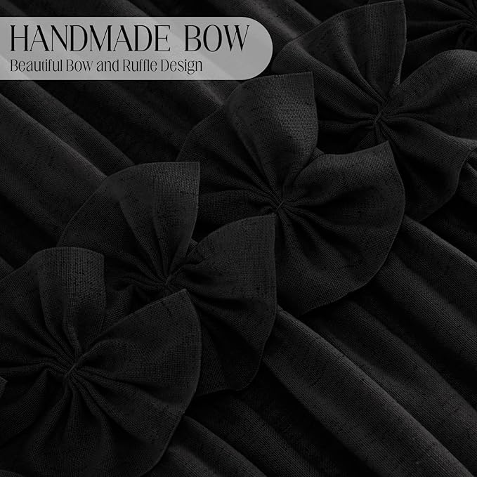 XOGUIBO Ruffle Shower Curtain with Handmade Bow Tie, Black Linen Vintage Farmhouse Shower Curtain for Bathroom, 72" W x 72" H