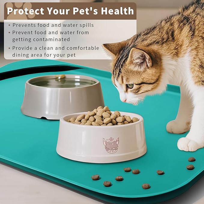 Smilool Silicone Pet Food Mat with Raised Edge for Food and Water Bowl, Dog Feeding Mats, Cat Food Trays for Floor Waterproof, Rubber Tray for Dogs and Cats, 24 x 16 x 0.8 Dark Turquoise