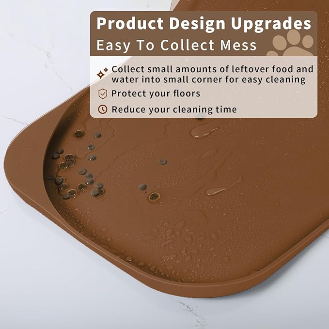 Smilool Silicone Pet Food Mat with Raised Edge for Food and Water Bowl, Dog Feeding Mats, Cat Food Trays for Floor Waterproof, Rubber Tray for Dogs and Cats, 24 x 16 x 0.8 Brown