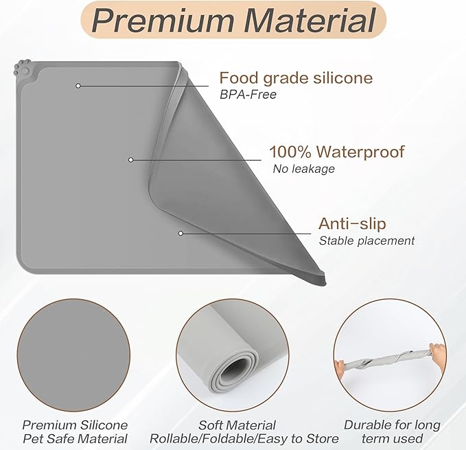 MoPawKT- Pet Food Mat 21” x 15“ with Raised Edges, Waterproof, Anti-Slip, Thickened Silicone Dog Food Mat for Bowls, Pet Accessories Tray Cat Food Mat Prevent Water Splashing onto The Floor (Black)