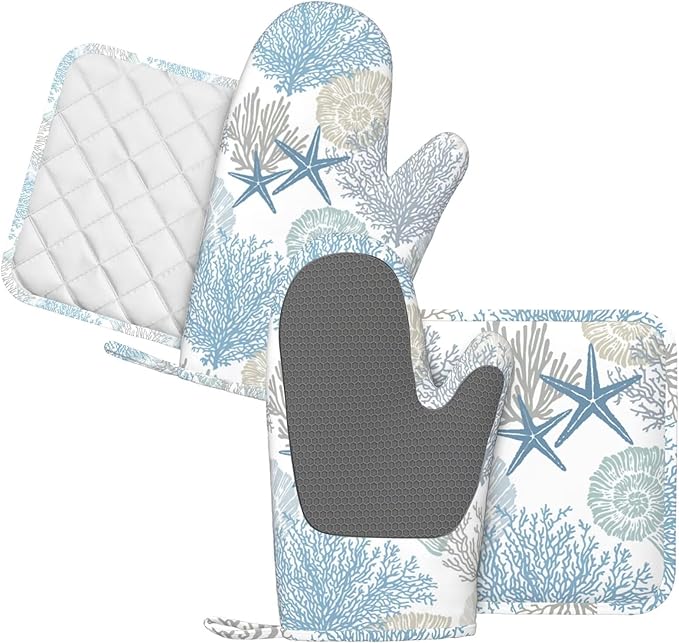 Nautical Coastal Oven Mitts and Pot Holders Set, 4pcs Silicone Starfish Seashell Coral Beach Themed Oven Glove for Kitchen Heat Resistant Oven Mitts and Non-Slip Potholders Blue White