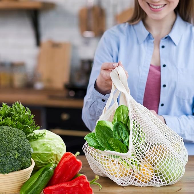 Mordx 2-Pack Reusable Mesh Grocery Bags, 100% Cotton String, Long Handle Produce Bags, Fruit & Veggie Storage