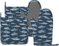 Sharks Oven Mitts and Pot Holders Set of 4 Silicone Blue Sharks Kitchen Mitten Gloves and Non-Slip Potholders Set Heat Resistant Oven Gloves Hot Holders for Kitchen