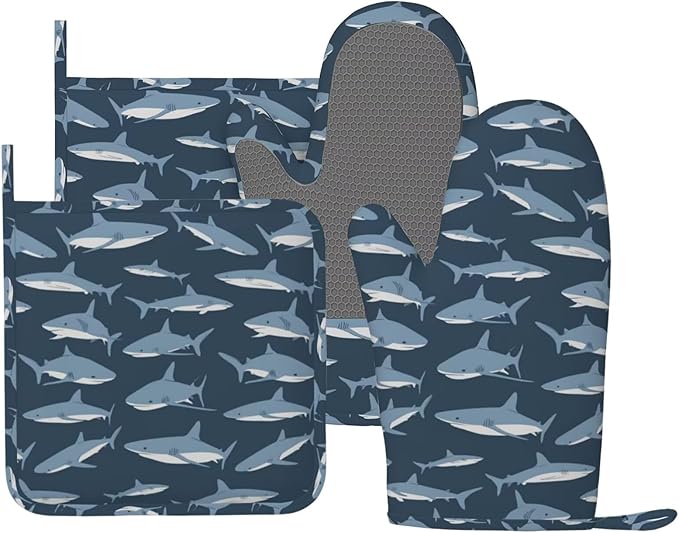 Sharks Oven Mitts and Pot Holders Set of 4 Silicone Blue Sharks Kitchen Mitten Gloves and Non-Slip Potholders Set Heat Resistant Oven Gloves Hot Holders for Kitchen