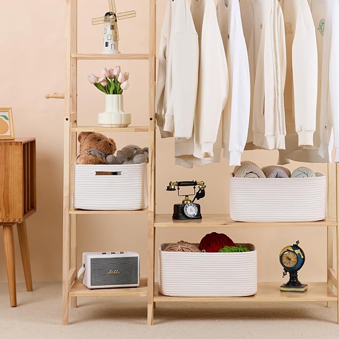 MiniArk Large Storage Baskets for Shelves, Closet Organizers Bins for Clothes Blanket Towels, Baby Nursery, Toy Baskets Box, Woven Rope Baskets, 17 x 13 x 7.5”, 2 Packs Off White