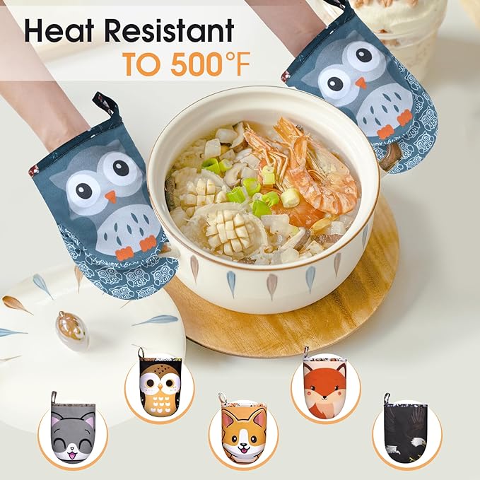 Mini Oven Mitts Cute,Silicone Oven Mitts Heat Resistant 500℉ with Non-Slip Grip and Soft Quilted Cotton Lining for Kitchen Cooking and Baking. Machine Washable-Owls Blue