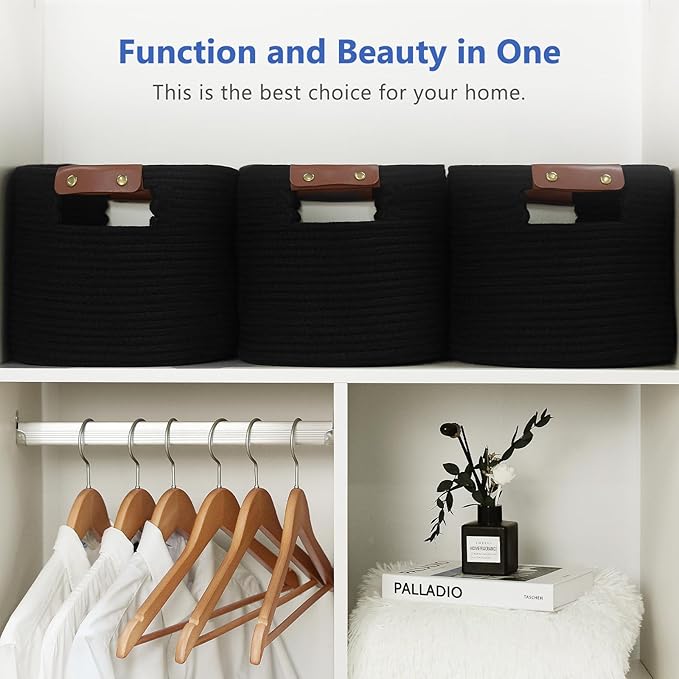 ECDYQXVU Cotton Rope Basket, Storage Baskets with Handle, 15x10x9 Inch Woven Basket for Shelves, Laundry, Towels, Clothes, Books (Black 2Pack)