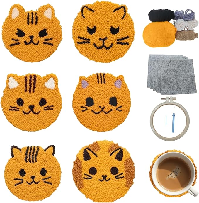 57lilina Punch Needle Coaster Kit for Adults Beginners, 6 Set Complete Animal Cat Punch Needle Stitching Embroidery Art Kit, Step-by-Step Guide Make Punch Needling Drink Coasters for Starter