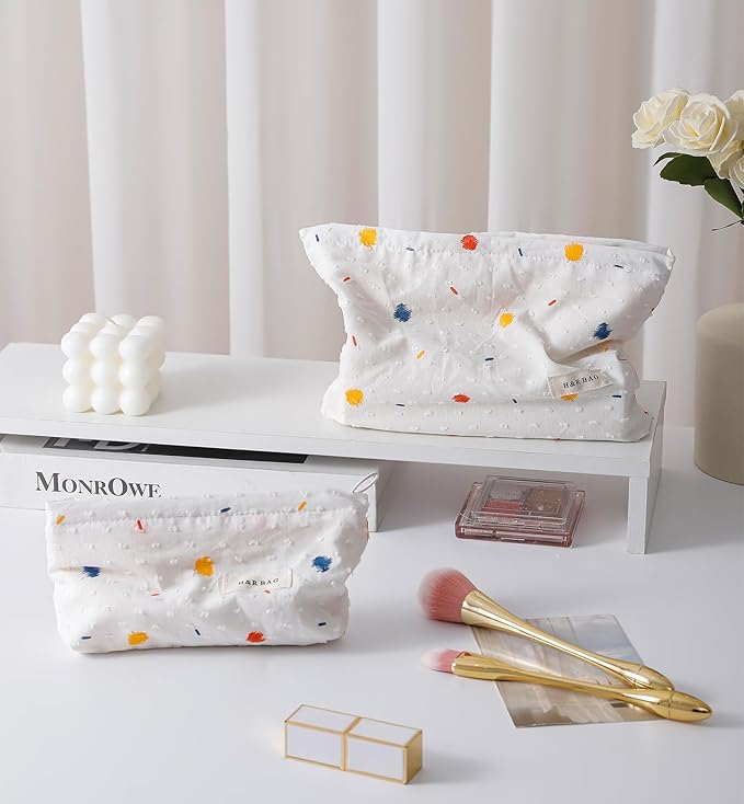 getgto 2 Pcs Makeup Bags, Large Cosmetic Bag Travel Toiletry Bag Organizer for Women, Embroidery Craft, Floral Makeup Bag Small Cosmetic Pouch Purse with Zipper, Gifts for Girls Teen (Colorful Dots)
