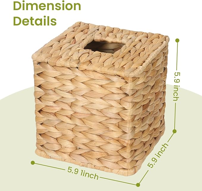 MHCLUE Water Hyacinth Square Tissue Box Cover - Handwoven Natural Fiber Decorative Tissue Holder for Living Room, Bedroom, Bathroom, Fits Standard Square Tissue Boxes, Farmhouse Home Organizer