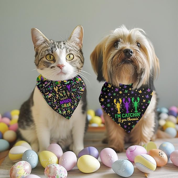 Mardi Gras Dog Bandana Reversible 2 Pack Small, Mardi Gras Pet Bandanas for Dogs Cute Purple Green Yellow Adjustable Triangle Holiday Scarves for Small Medium Boy Girl Dogs