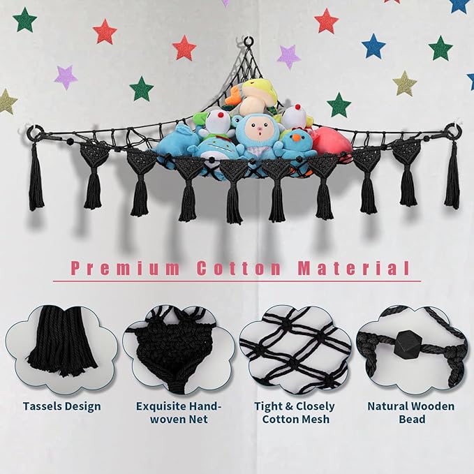 iHansee Stuffed Animal Storage Hammock, 56'' Jumbo Boho Macrame Tassels Corner Toy Holder Wall Hanging Net Organizer for Nursery Teddy Plushie, Black Plush Toy Net with Star Light for Boys Girls Gift