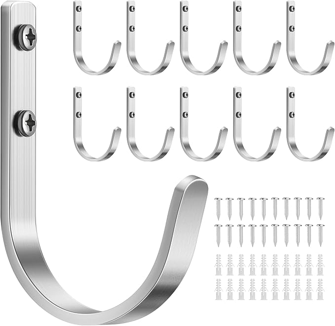 Josmimic 10-Pack Wall Hooks for Hanging Towel/Coat - 22LB Screw in Metal Hanger Wall Mount, for Outdoor, Closet, Door, Bathrooms, for Backpack, Robe, Silver