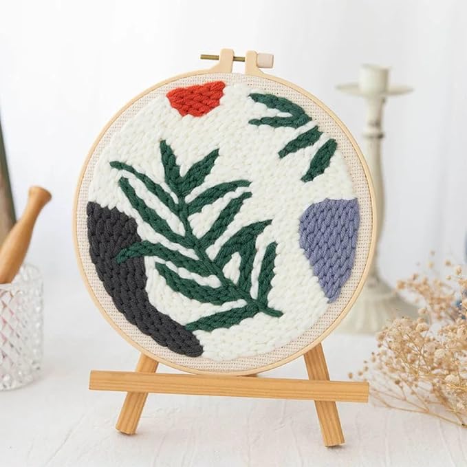 Allazone 3 Set Punch Needle Embroidery Starter Kits for Beginners, Include Punch Needle Fabric with Leaf Pattern, Yarns, Embroidery Hoops, Threader Tools and Instructions (Leaf)