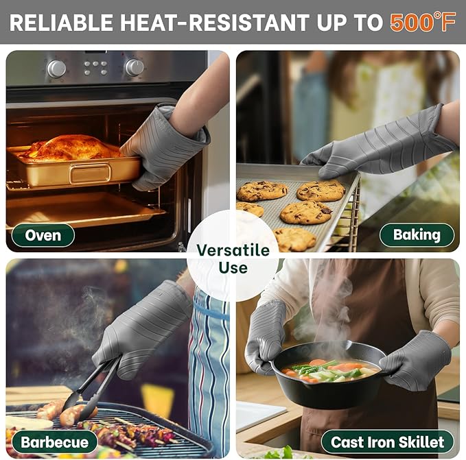 Beneno Heat Resistant Silicone Oven Mitts BPA-Free, Non-Slip Textured Grip & Quilted Cotton Lining, Waterproof Kitchen Mitt 2-Pack Set, 7"x13", Gray