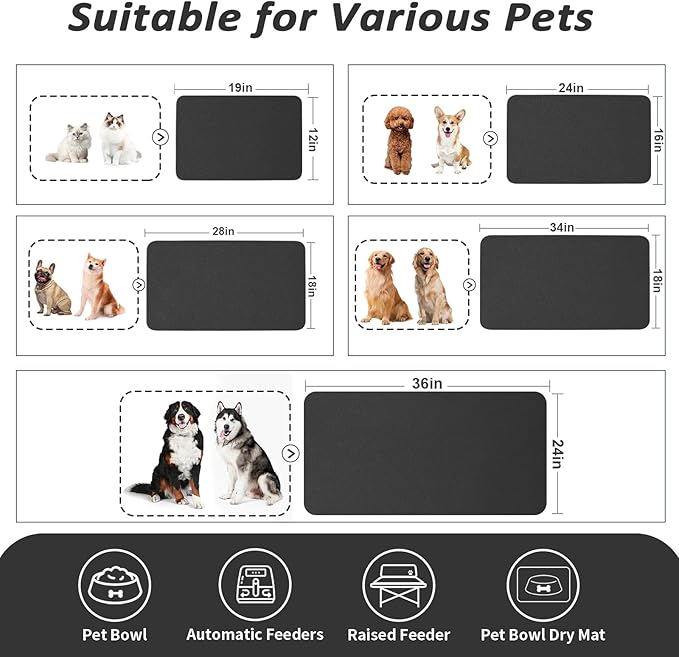 HotLive Dog Food Mat - Absorbent Cat Mat for Food and Water, No Stains Pet Feeding Bowl Mat, Easy to Clean Pet Placemats, Quick Dry Dog Water Dispenser Mat for Messy Drinkers | Black 12"x 19"
