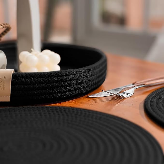 Art PineCone's Woven Cotton Rope Round Placemats Set of 4 with Holder Included, Non-Slip, and Heat Resistant Shabby Chic Placemats (Black, 13 inches, 6PC)